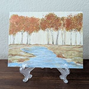 Original Painting Canvas Birch Trees Landscape Forest River No Frame 8x6